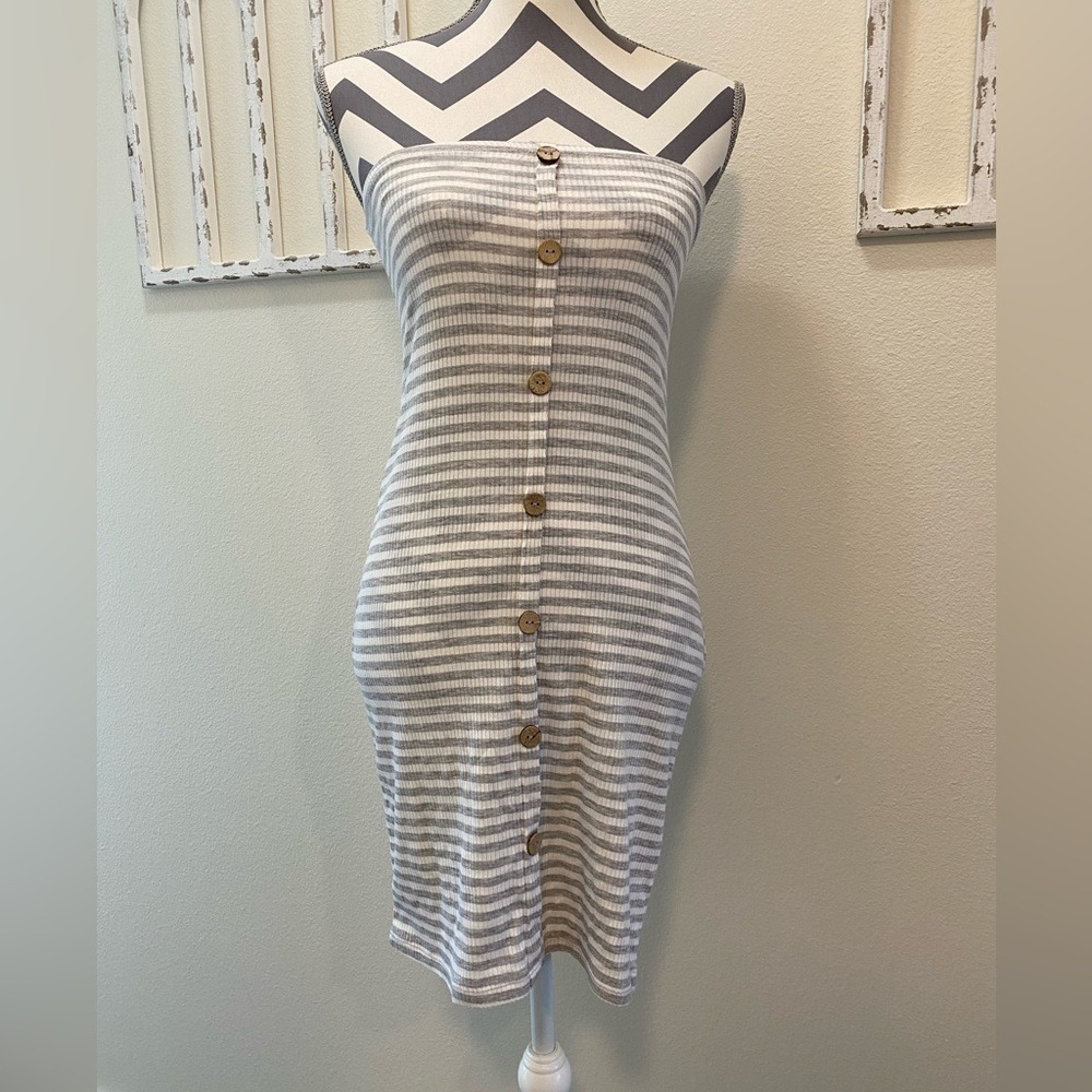 Women Strapless Bodycon Ribbed Tube Dress M Gray White‎ Stripe Mini  Summer